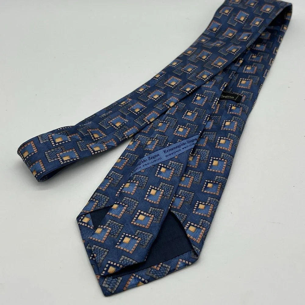 Ermenegildo Zegna Mens Tie‎ Geometric Silk Made Italy Modern Designer Blue
